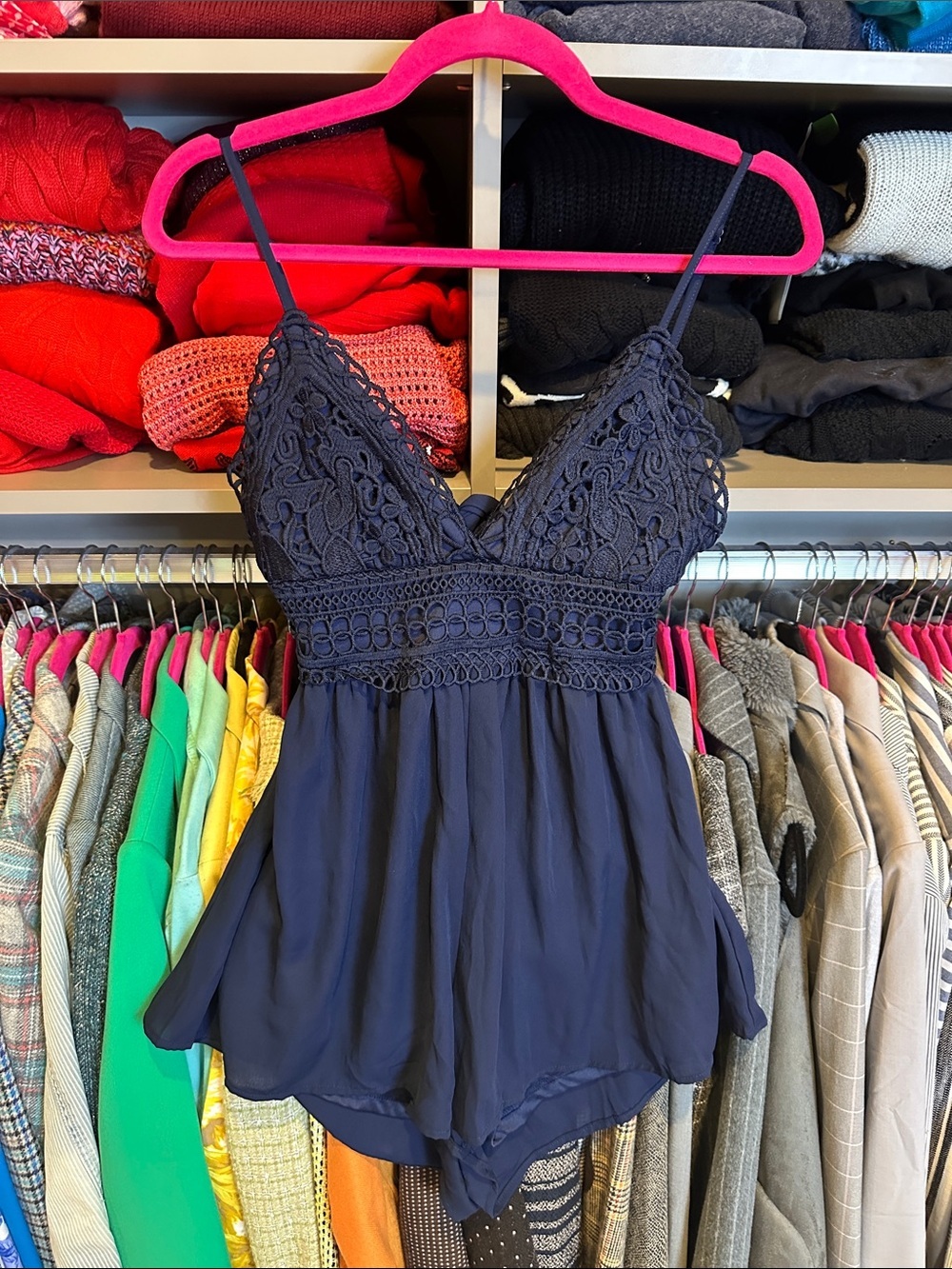 Iris navy lace adjustable strap elastic waistband lined back tie romper size S